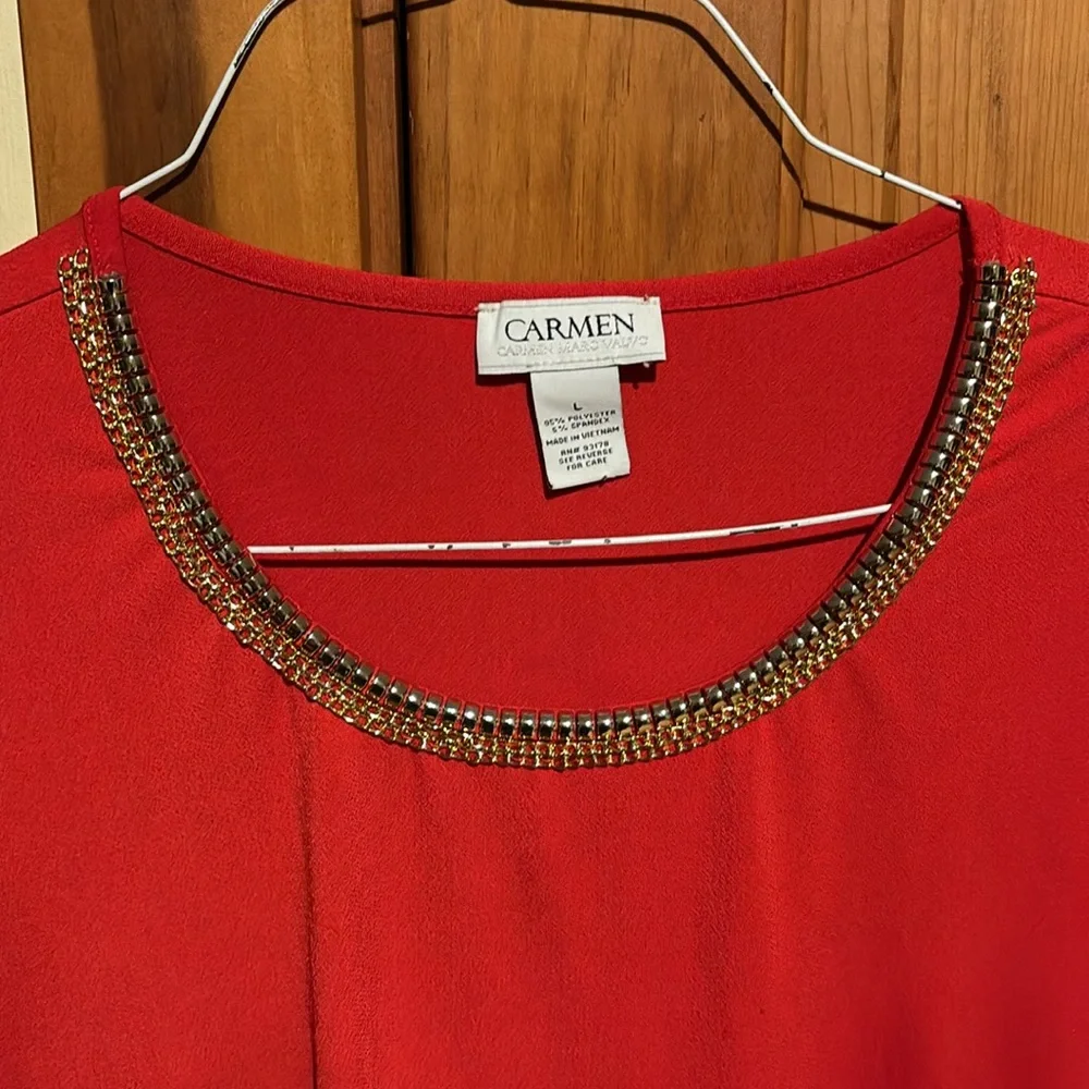 Carmen Marc Valvo Holiday Red Short Sleeve Blouse Christmas SzL - Picture 3 of 7